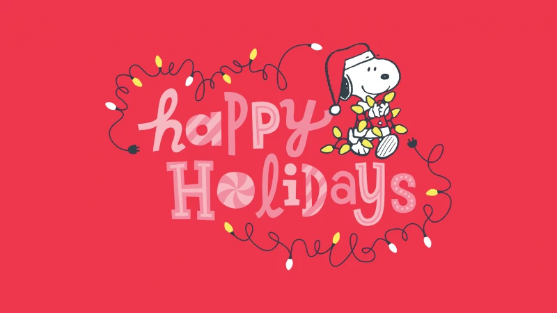 Snoopy Happy holidays, Christmas decoration, String Lights, Red background 5K