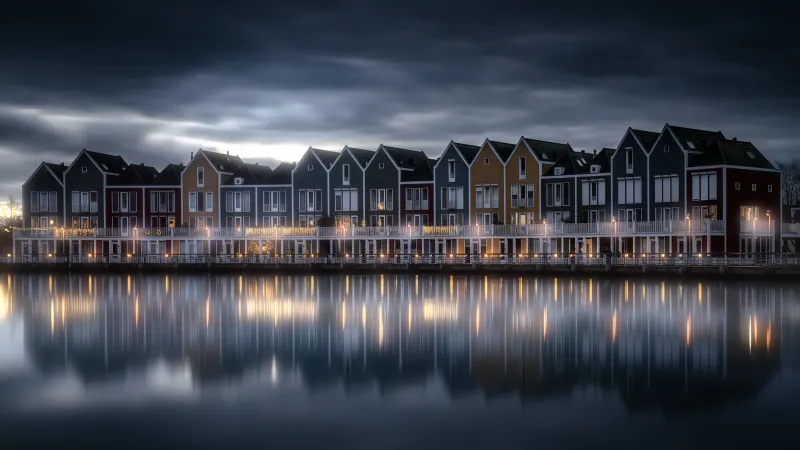 Rainbow houses of Houten wallpaper, Netherlands, Lake reflection