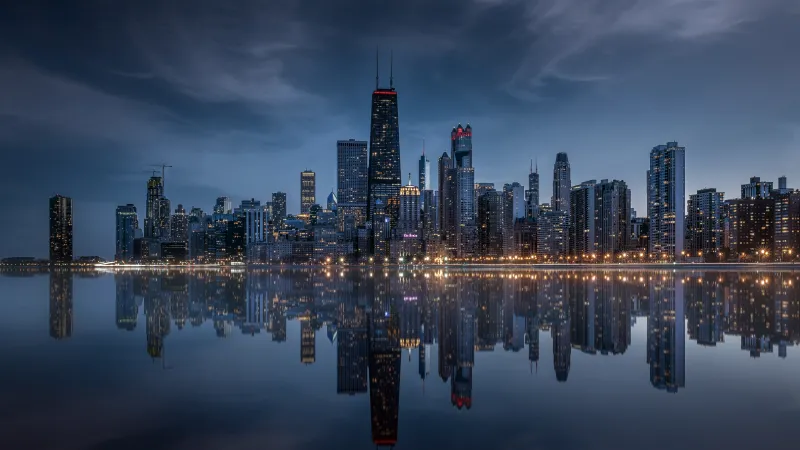 Chicago skyline at dusk, Lake Michigan, Reflection, 8K wallpaper