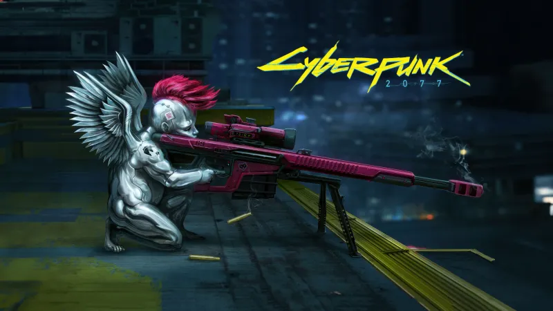 Cyberpunk 2077 wallpaper, Angel sniper, Night City, Rooftop