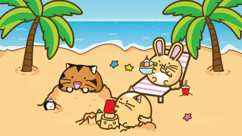 Fuzzballs, Beach Summer, Palm trees, Tropical, Kawaii Cartoon