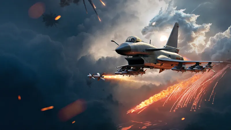 Fighter jet firing missiles wallpaper, Stormy sky, Aviation