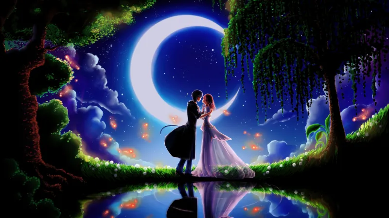 Anime couple wallpaper, Crescent moon, Reflection, Magical night
