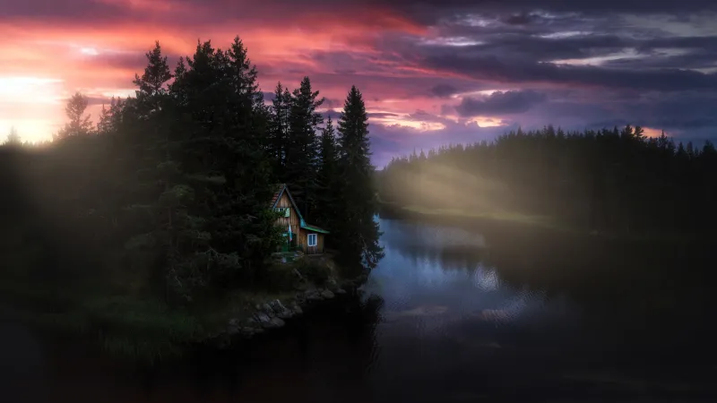 Scenic Cabin, Countryside River Stream, Serene Sunset, Cottage, 8K wallpaper