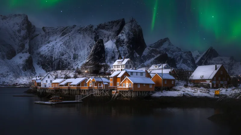 Lofoten Islands, Ultrawide 8K wallpaper, Norway, Aesthetic wallpaper, Serene, Aurora Borealis, Northern Lights, Village, Snow covered, Snow mountains, Panorama