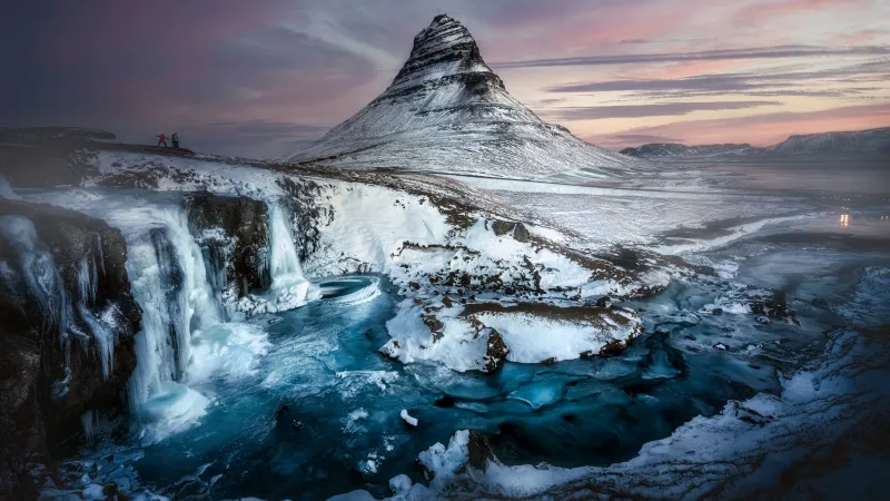 Kirkjufell in winter, Frozen waterfall, Iceland, 8K wallpaper