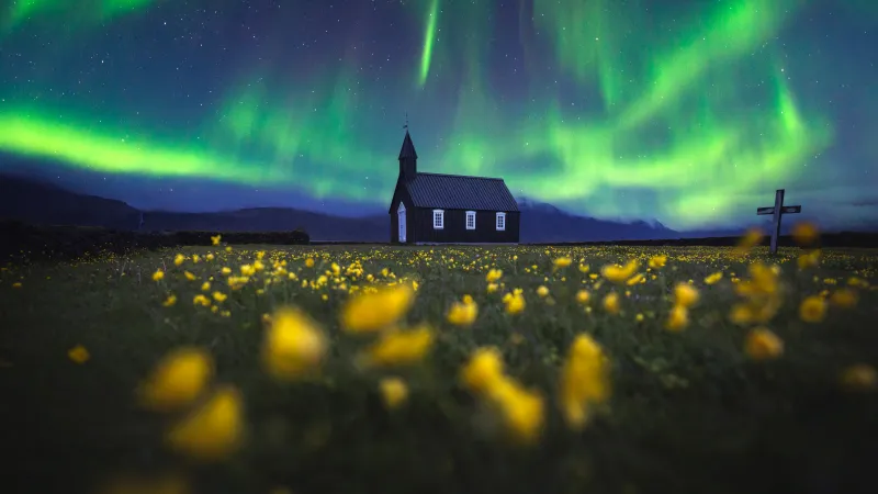 Búðir church under aurora wallpaper, Iceland, Northern lights
