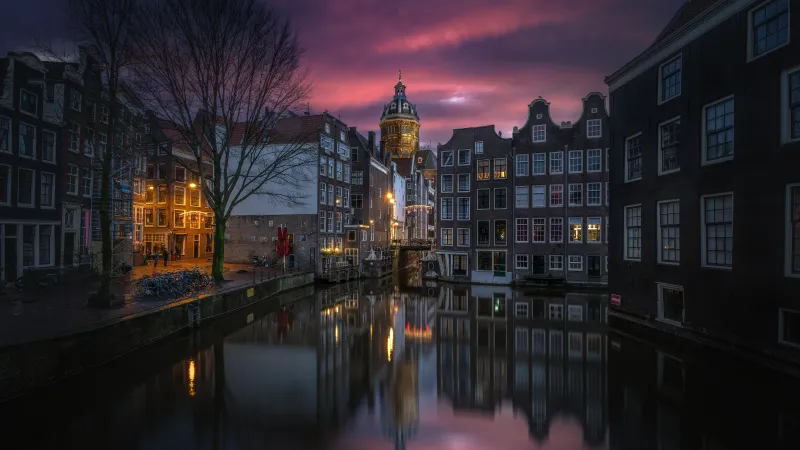 Amsterdam canal at dusk, St. Nicholas Basilica, Reflection, 5K wallpaper