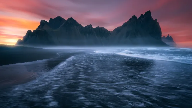 Vestrahorn at sunset, Black sand beach, Iceland, 8K wallpaper