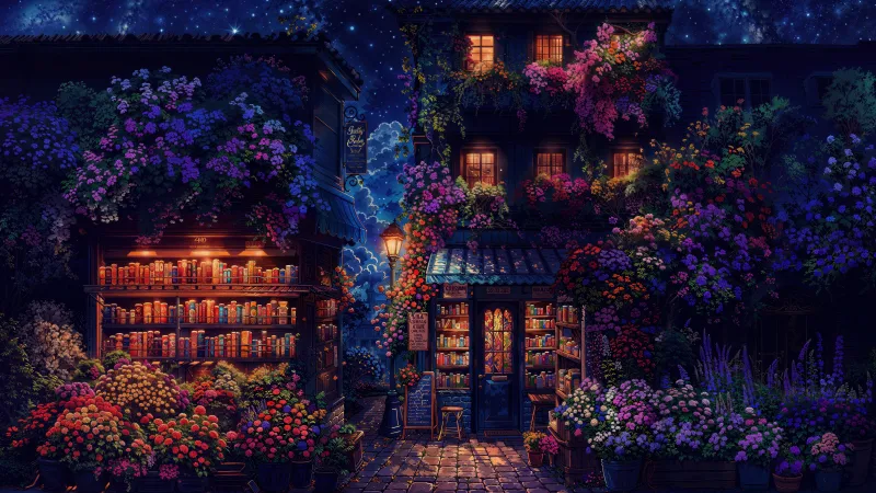 Flower-covered bookshop at night wallpaper, Pixel art style, Cozy