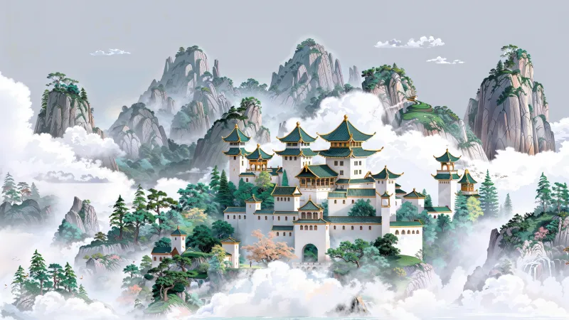 Chinese palace in the clouds wallpaper, Misty mountains, Ink art