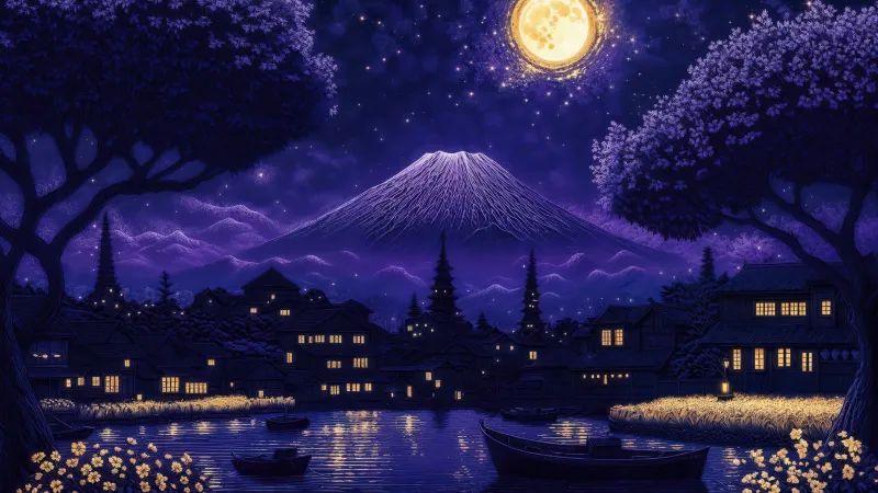 Mount Fuji night illustration, Full moon, Purple, 5K wallpaper
