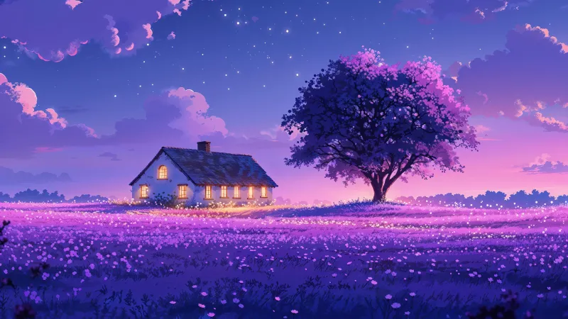Countryside Purple aesthetic Scenery, Night landscape