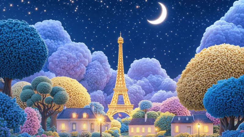 Eiffel Tower dream wallpaper, Crescent moon, Fluffy trees
