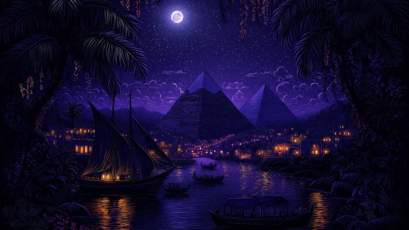 Purple Egyptian Pyramids, Night, Moonlight, Illuminated, Surrealism, Purple sky