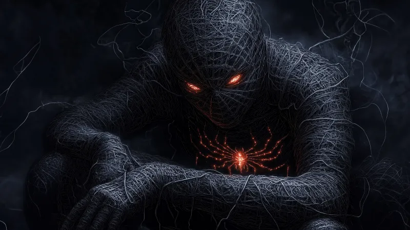 Spider-Man, Dark aesthetic, Glowing eyes, Web texture, 5K wallpaper