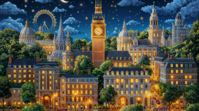 London Aesthetic Wallpaper, Big Ben, Cityscape, Night City, Night sky, Stars in sky, Crescent Moon, Night illumination, Buildings, 5K, AI art, United Kingdom, England, Europe, Urban, Tourist attraction