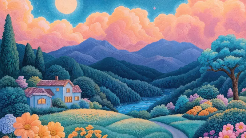 Dreamy Landscape, Serene AI art, 5K wallpaper, Peaceful, Moon, Clouds, Stars in sky, Countryside, Country road, Mountains, Spring flowers
