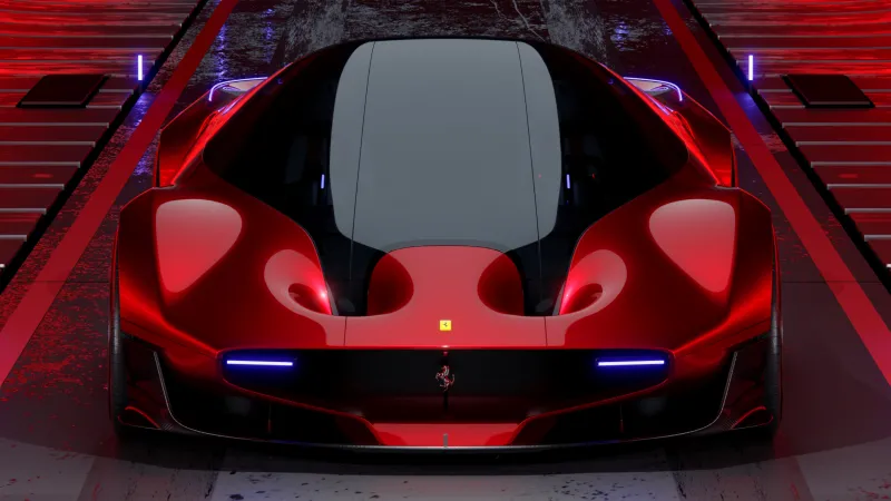 Ferrari hypercar concept, Ultrawide, Red, Top view, Neon lights wallpaper