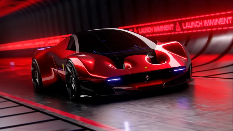 Ferrari hypercar concept wallpaper, Red, Launch tunnel, Neon lights, 10K