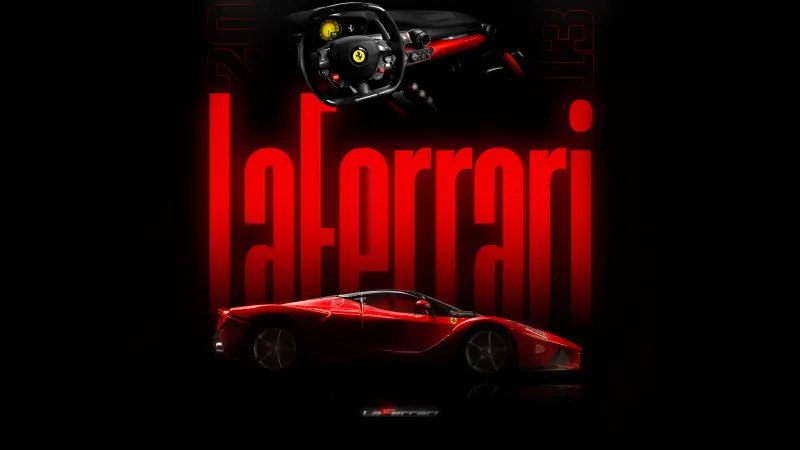 LaFerrari wallpaper, Red hypercar, Typography, Steering wheel, Dark background, 5K