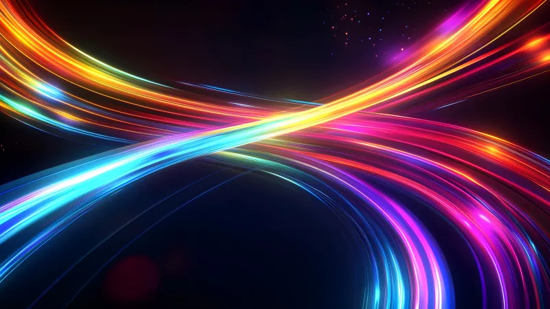 Rainbow light trails, Infinity curve, Black background, 8K wallpaper