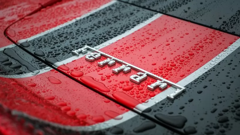 Ferrari badge wallpaper, Water droplets, Red and black stripes, Macro, 5K