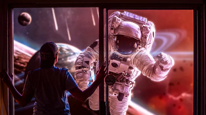 Boy and astronaut at the window wallpaper, Space dream, Planets