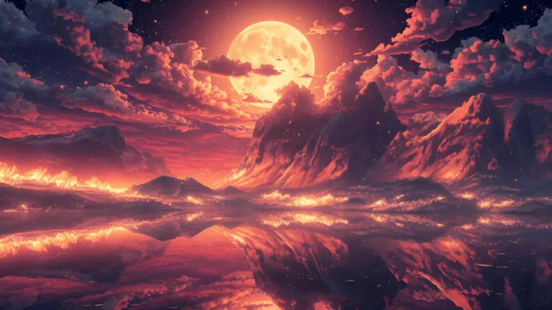 Burning sky with full moon, Fiery clouds, Fantasy art, 5K wallpaper