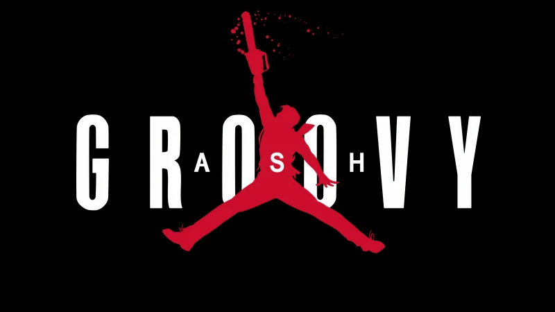 Ash Williams, Evil Dead, Groovy wallpaper, Jumpman parody, Black background, 5K wallpaper