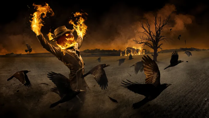 Burning scarecrow wallpaper, Crows, Halloween night