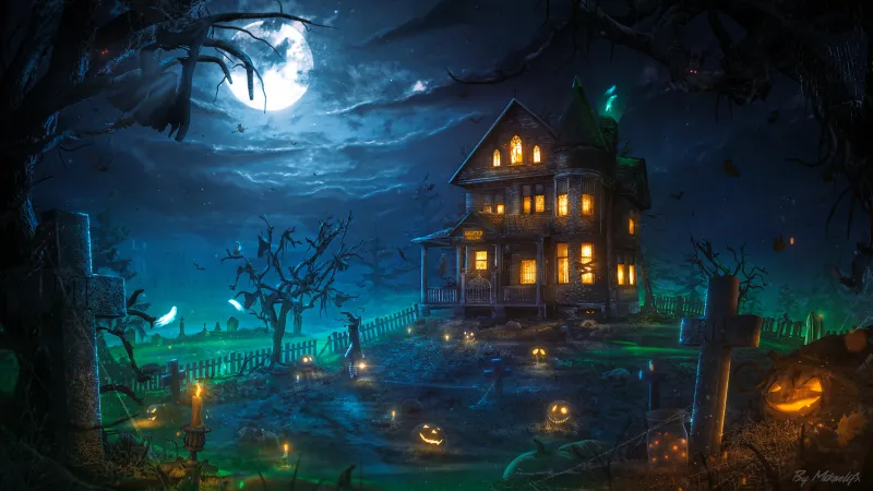 Haunted mansion at full moon, Halloween, Graveyard, 4K wallpaper