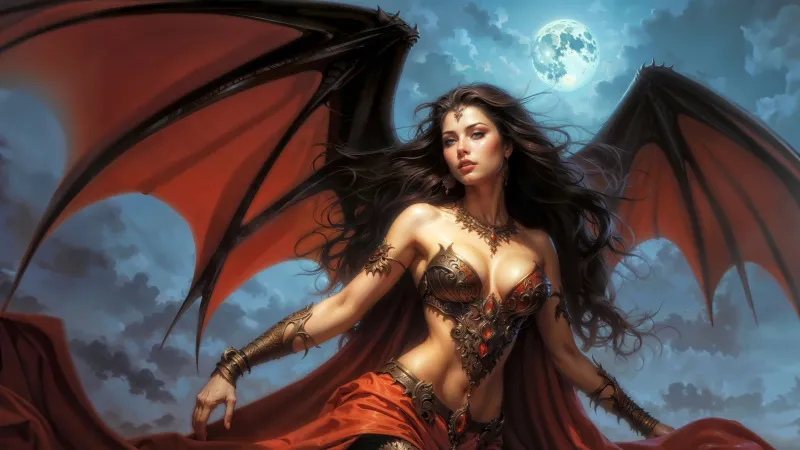 Vampire queen with bat wings wallpaper, Full moon, Fantasy art
