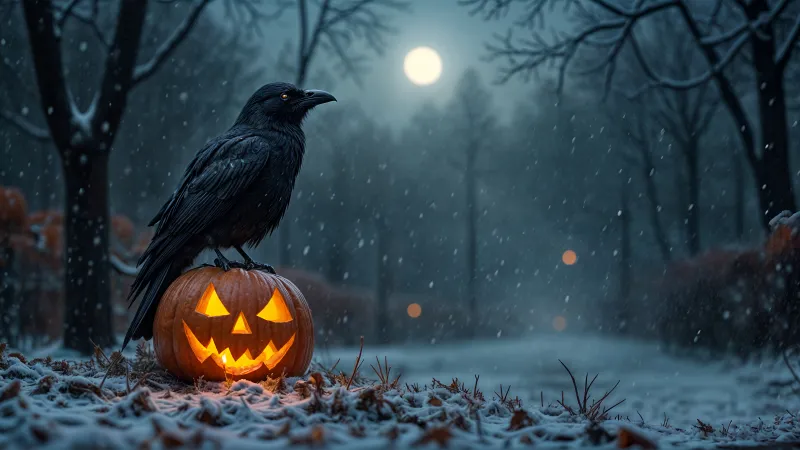 Raven on a jack-o'-lantern wallpaper, Snowy forest, Full moon