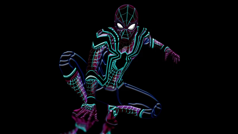 Spider-Man, Neon art, Black background, Marvel Superheroes, 5K