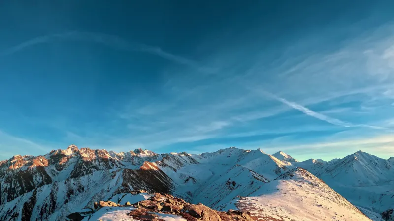 Snowy mountain ridge, Blue sky, Contrails, 5K wallpaper
