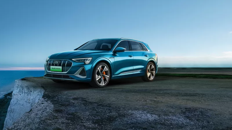 Audi e-tron 55 quattro, Blue electric SUV, Cliff edge, 2020 wallpaper