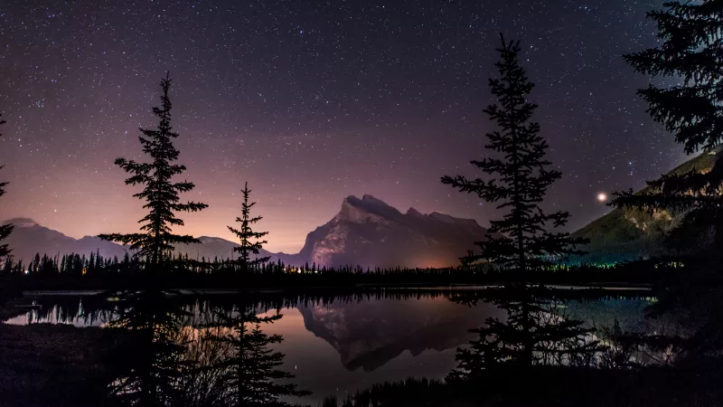 Mount Rundle, Nightscape, Banff National Park, Reflection, Starry sky, 5K
