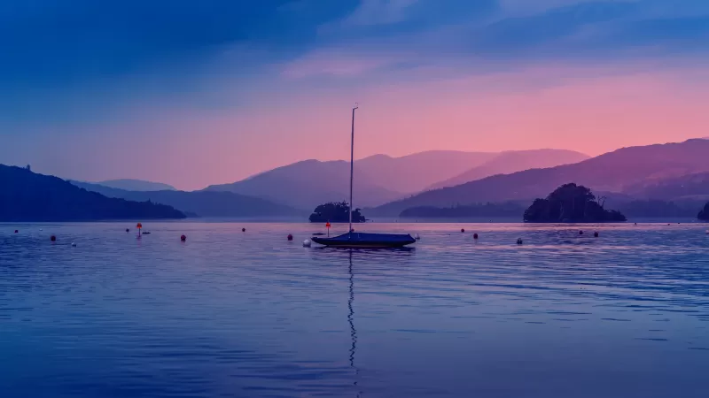 Windemere lake Boat, Bowness Bay, Dawn, Body of Water, Evening Mountains, Colorful Sky, 5K wallpaper