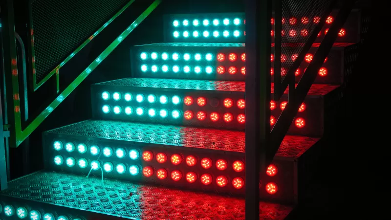 Staircase, LED lights, Steps, Blue, Red, 5K wallpaper