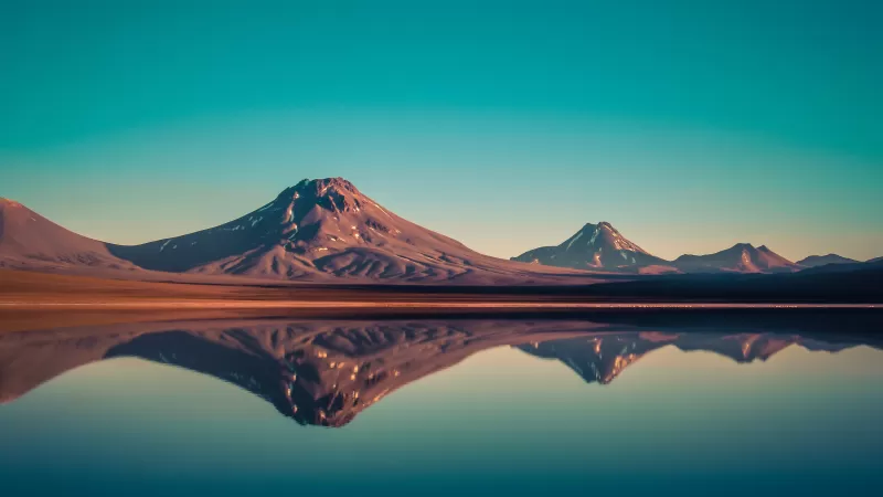 Laguna Lejia, Salt Lake, Chile, Mountains, Blue Sky, Reflection, Body of Water, Mountain range, Volcano, Lejía Lake, Landscape, Sunset, 5K