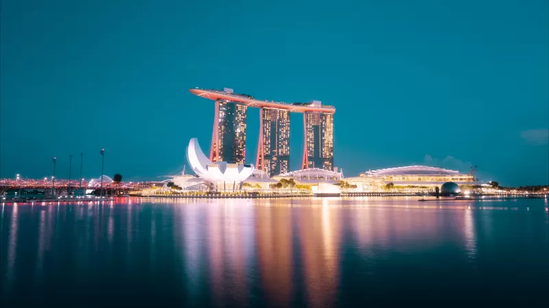 Marina Bay Sands, Hotel, Singapore, Blue hour, Night life, City lights, Body of Water, Reflection, Modern architecture, Cityscape, Blue Sky, 5K