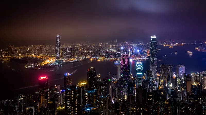 Hong Kong City Skyline, Body of Water, Skyscrapers, Night time, Cityscape, Aerial view, City lights, River, 5K