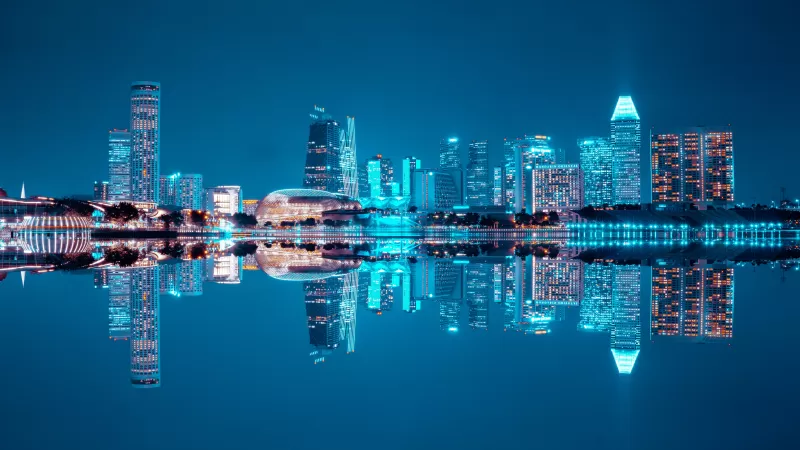 City Skyline, Singapore, Blue hour, Night life, Cityscape, Reflection, Symmetrical, Body of Water, Skyscrapers, Blue Sky, City lights, Modern architecture, 5K