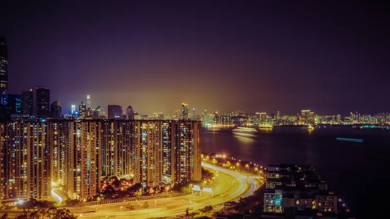 Quarry Bay Park, Hong Kong City, Cityscape, Night time, City lights, Highway, Buildings, Skyscrapers, Sea, Purple sky, Body of Water