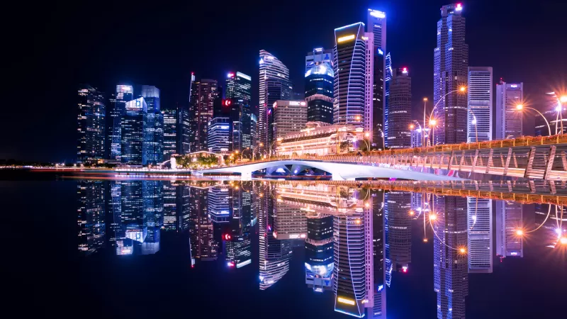 City Skyline, Singapore, Skyscrapers, Modern architecture, Body of Water, Reflection, Symmetrical, Cityscape, Night time, City lights, Beautiful, 5K