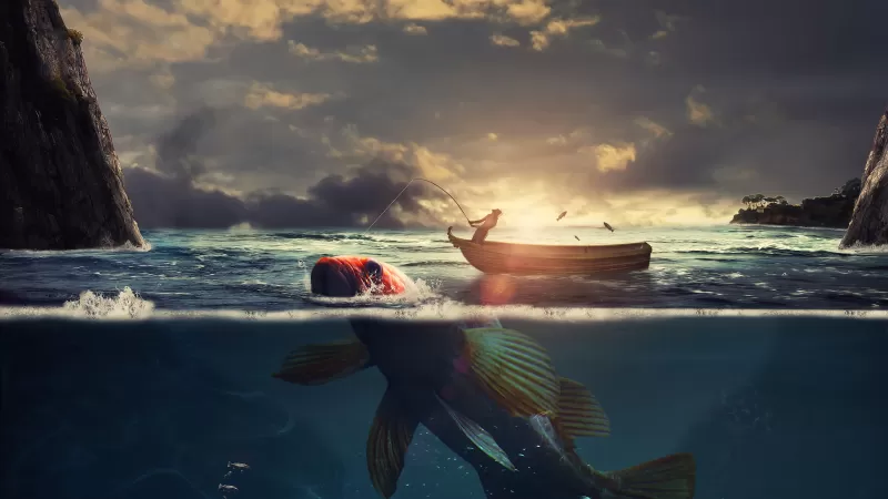 Surreal, Fishing, Boat, Sea, Sunrise, Underwater