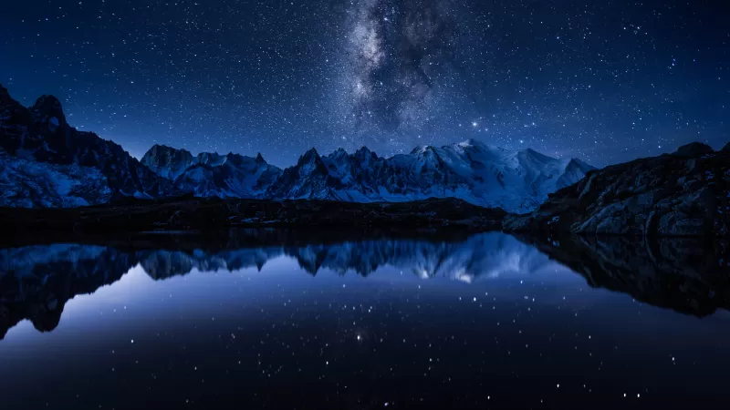 Milky Way, Starry sky, Night, Mountains, Lake, Reflection, Cold, 5K