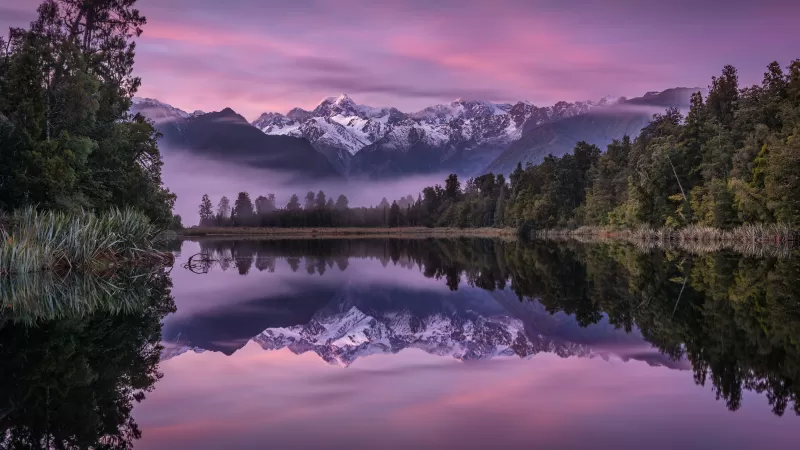 Lake Matheson, New Zealand, Landscape wallpaper 4K, Mountains, Lake, Water, Winter, Reflection, Glacier, Trees, Purple sky