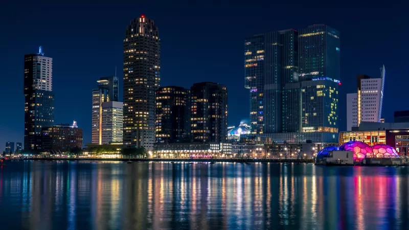 City Skyline, Rotterdam, Netherlands, Nightscape, Cityscape, Body of Water, Reflection, Night lights, Skyscrapers, Modern architecture, Blue hour